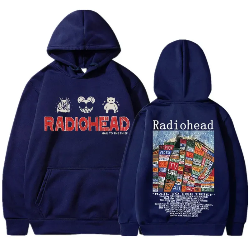 Felpa con cappuccio con stampa vintage Radiohead Abbigliamento donna da uomo Pullover Hip Hop Rock Band Hail To The Thief Felpe con cappuccio per album musicale