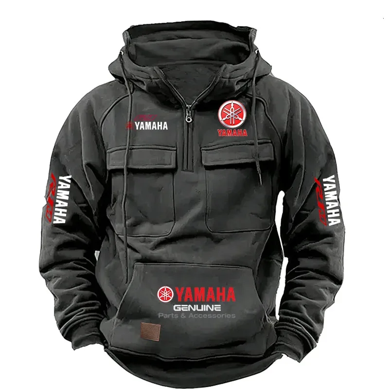 2026 New YAMAHA Logo Motorcycle Racing Race Retro Velvet Half Zipper Hoodie Men's Multi Pocket Autumn/Winter Casual Sweatshirt