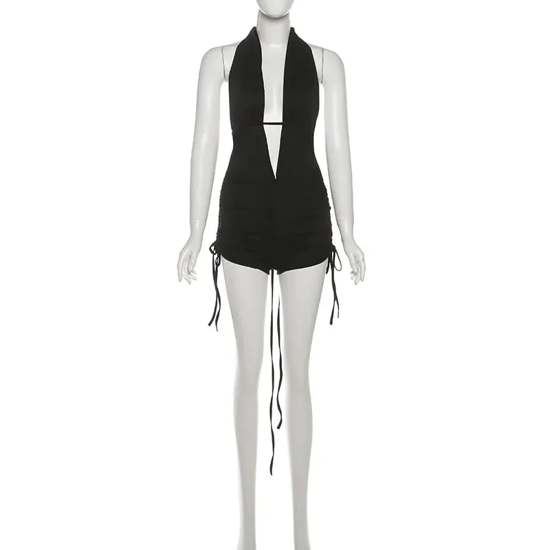SylCue Sexy Fashion Bodysuit Woman Halter Open Collar Cleavage Sleeveless Shirring Skinny Stretch High Street Style Folds Tops
