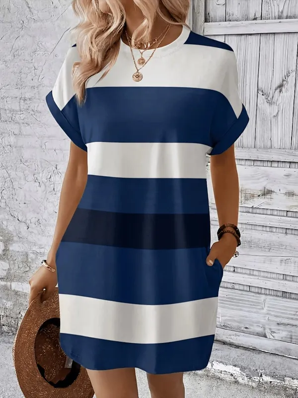 Vestido feminino listrado plus size casual solto manga curta vestido de verão com bolsos