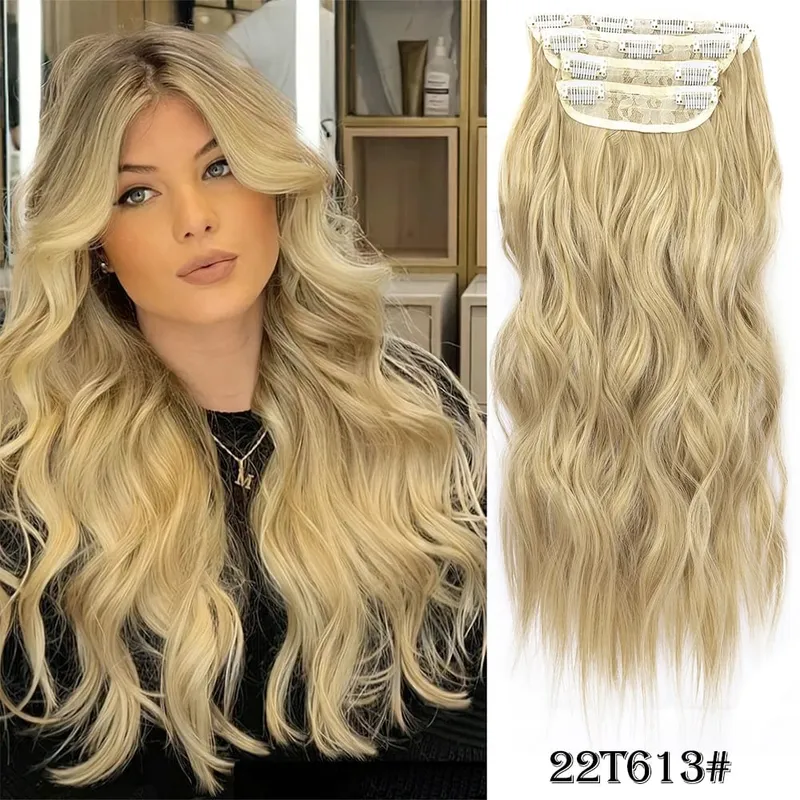 Clipe sintético longo ondulado feminino de alta temperatura, extensão de cabelo sintético, 4 peças, clipe longo, macio, ondas glam, grosso
