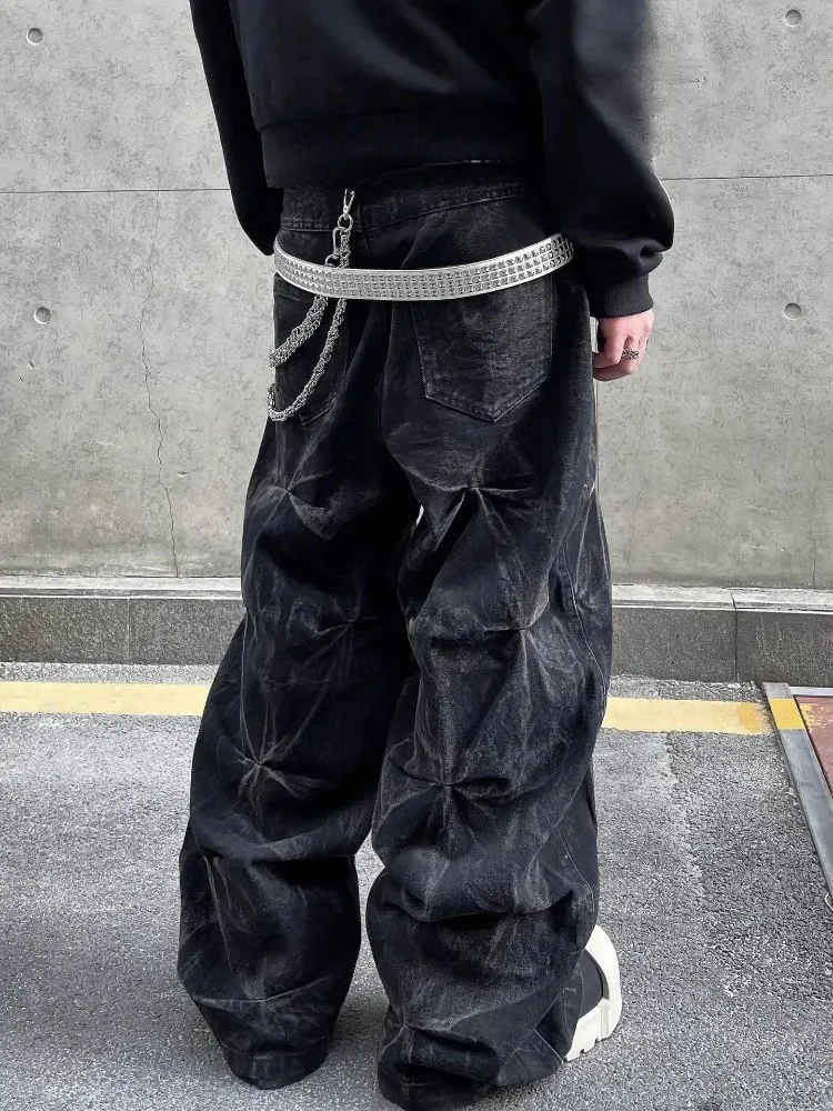 Mens Jeans Harajuku Y2K Streetwear Black Pleated Baggy Denim Pants High Street Hip Hop Wide Leg Loose Fit Casual Fashion Trend