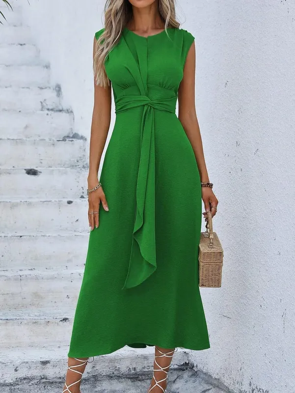 Women's Solid Color A-Line Dress Sleeveless Front Thin Straps Elegant Belted Midi Dress for Summer