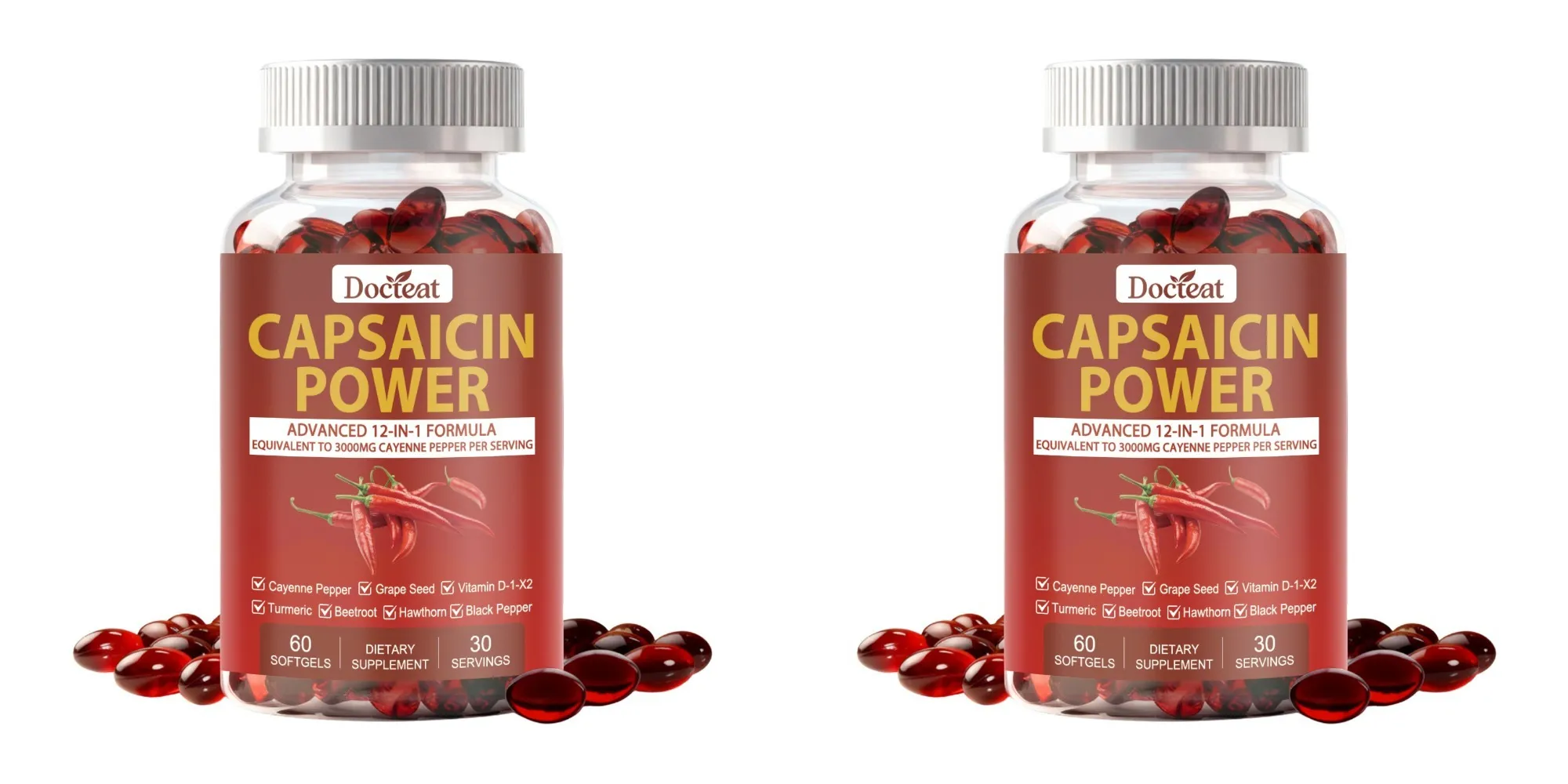 Capsaicin Power 12-in-1 Cayenne Pepper Supplement 60 Softgels Turmeric Beetroot Grape Seed Black Pepper Daily Metabolism Support
