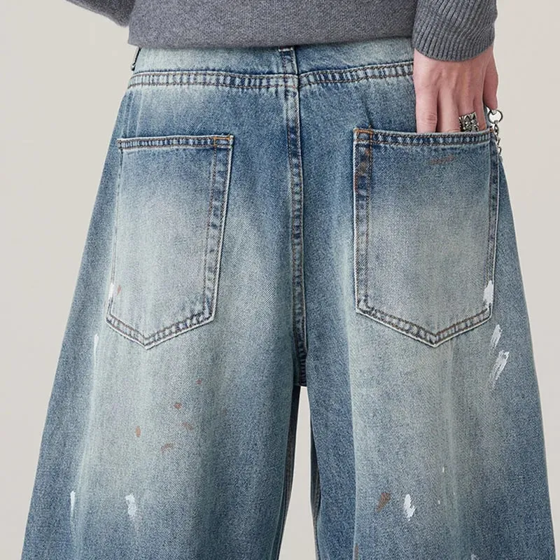 Autumn Korean Splashed Ink Jeans Men'S Straight Leg Pants Fashionable High Street Retro Loose Wide Leg Pants Design Pants