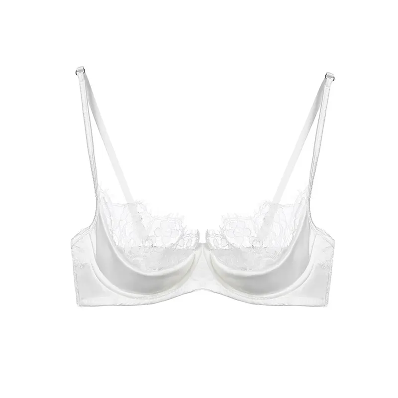 Half Cup Lingerie Set Women Green French Lace Ultra Thin Sheer Soft Comfortable Underwire Bra Small Bust 32‑38AB Set