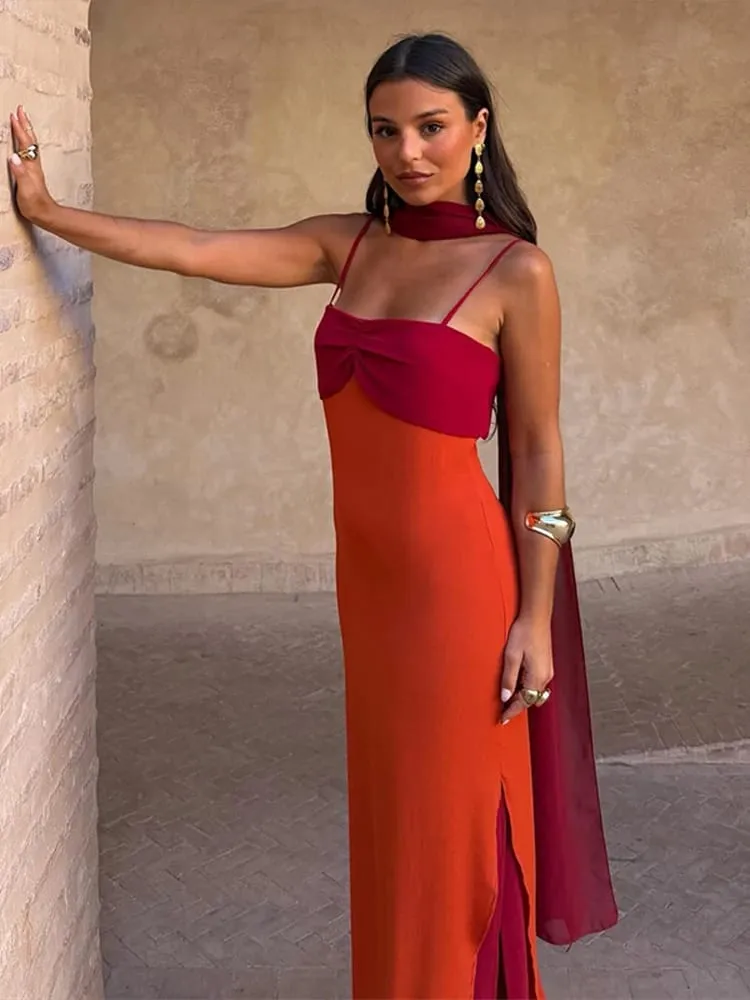 Women Dress Color Blocking Maxi Sleeveless Dresses Scarf Slimming Side Slit Long Dress Elegant Beach Vacation Party Outfit Lady