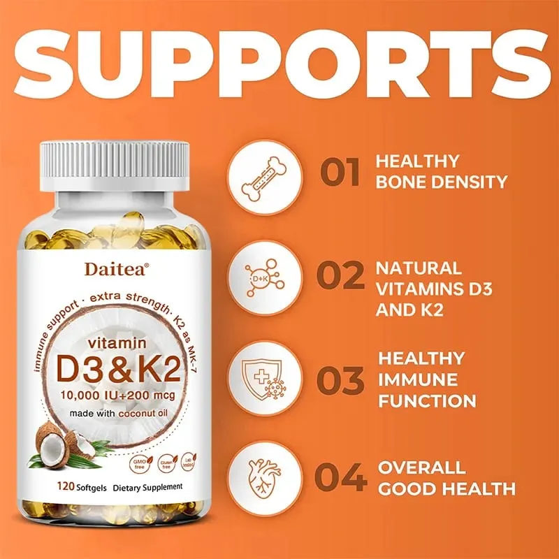 2-in-1 Vitamin D3 K2 Supplement Softgel 10000 IU VIT D3 + 200 MCG Vitamin K2 Support Calcium Absorption in Bones