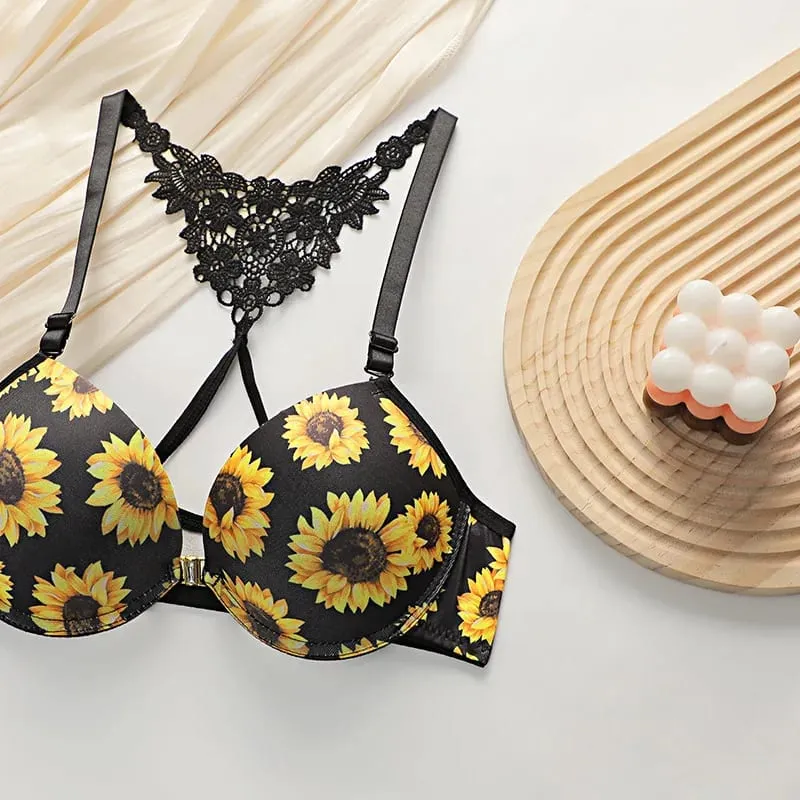 Women's Sunflower Bra Set Push Up Lace Back Lingerie Set 2 Piece Underwear 2026