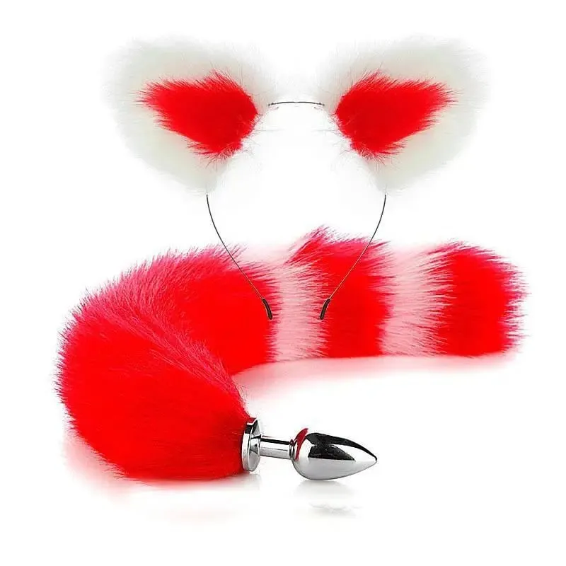 40cm Fox Tail Anal Plug Plush Cat Ears Headbands Set Butt Plug Tail Erotic Cosplay Sex Toys Women Anal Masturbation