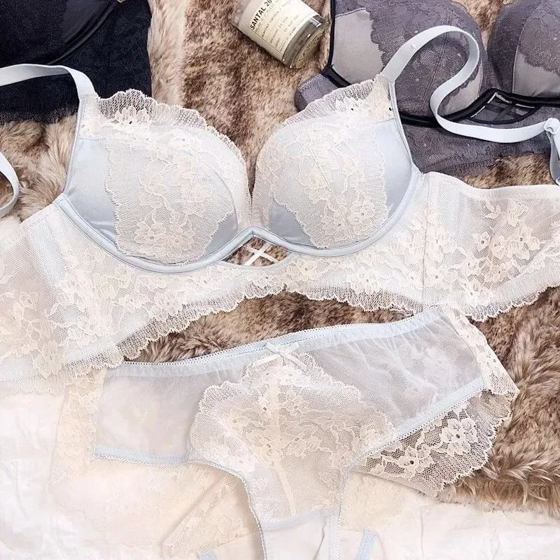 Lenceria Para Damas weiße Spitzen-BH- und Höschen-Sets für Damen, Push-Up, drahtlos, nahtloses Dessous-Set, schwarze, ausgehöhlte Unterwäsche