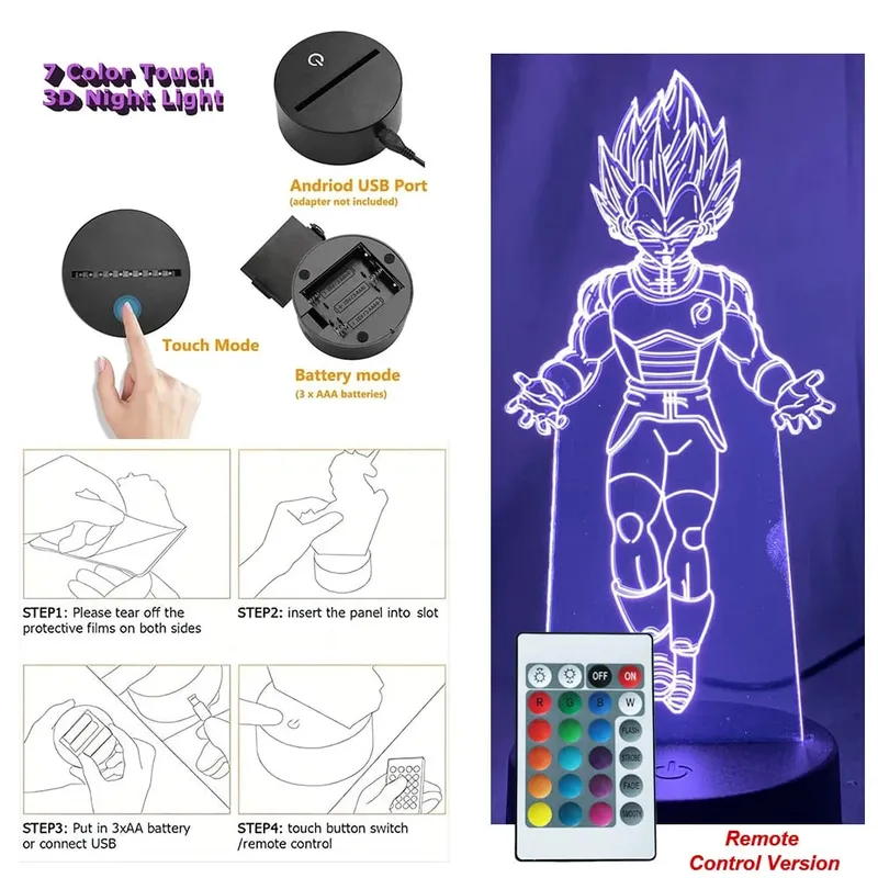 Dragon Ball Z Anime Figures Goku Vegeta Gohan Broly 3D Lamp PVC Action Figures Toys for Children Trunks Buu Super Saiyan Gifts
