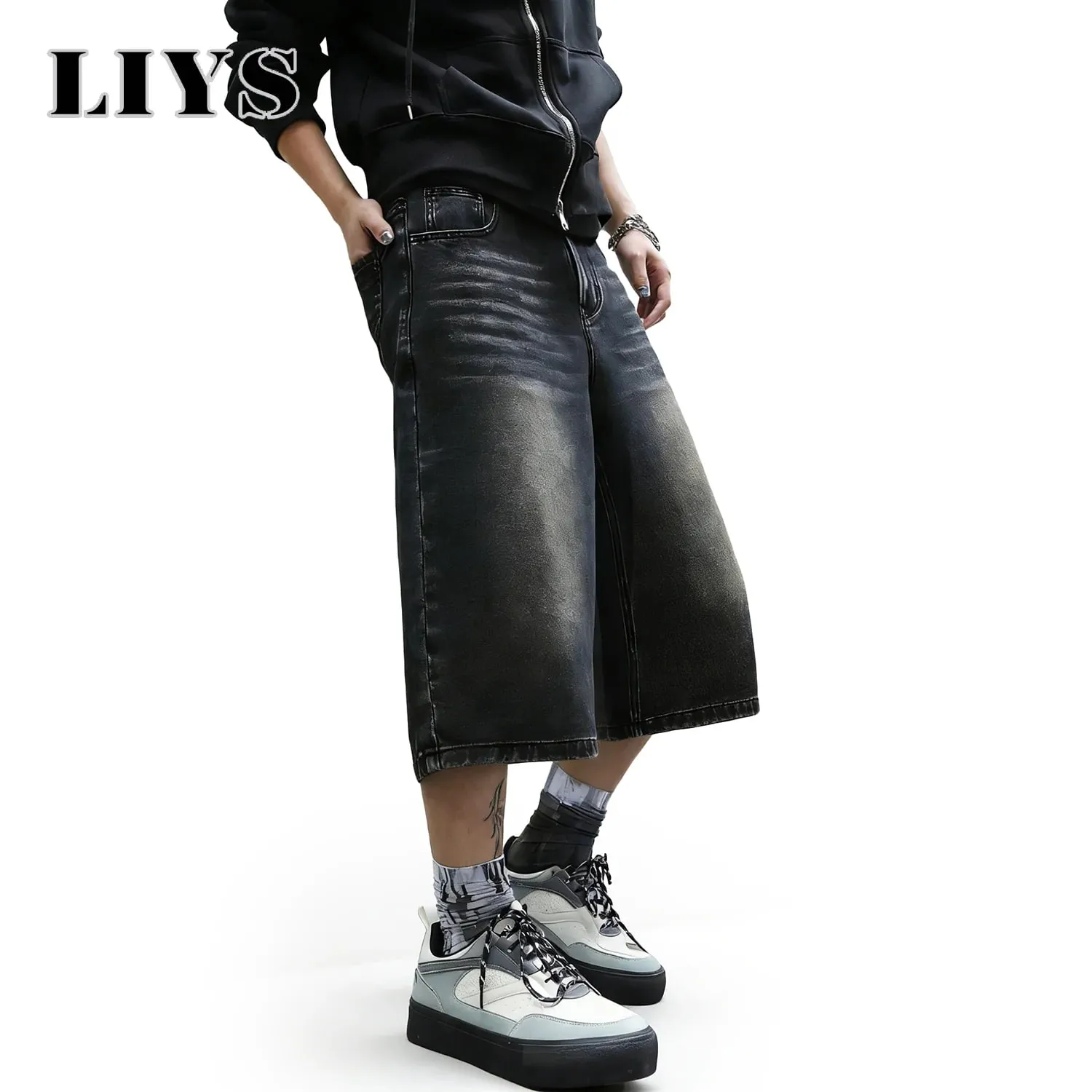 American Retro Classic Black Ultra Baggy Wide Leg Men's Denim Shorts Spring Summer Casual Oversized Jeans Men's Clothes