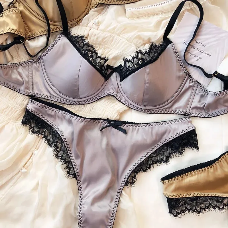 French Thin Cup Lingerie Set Lace Push Up Bra Fashion Women Silk Fabric Underwear High Quality Intimates Bras and Panties