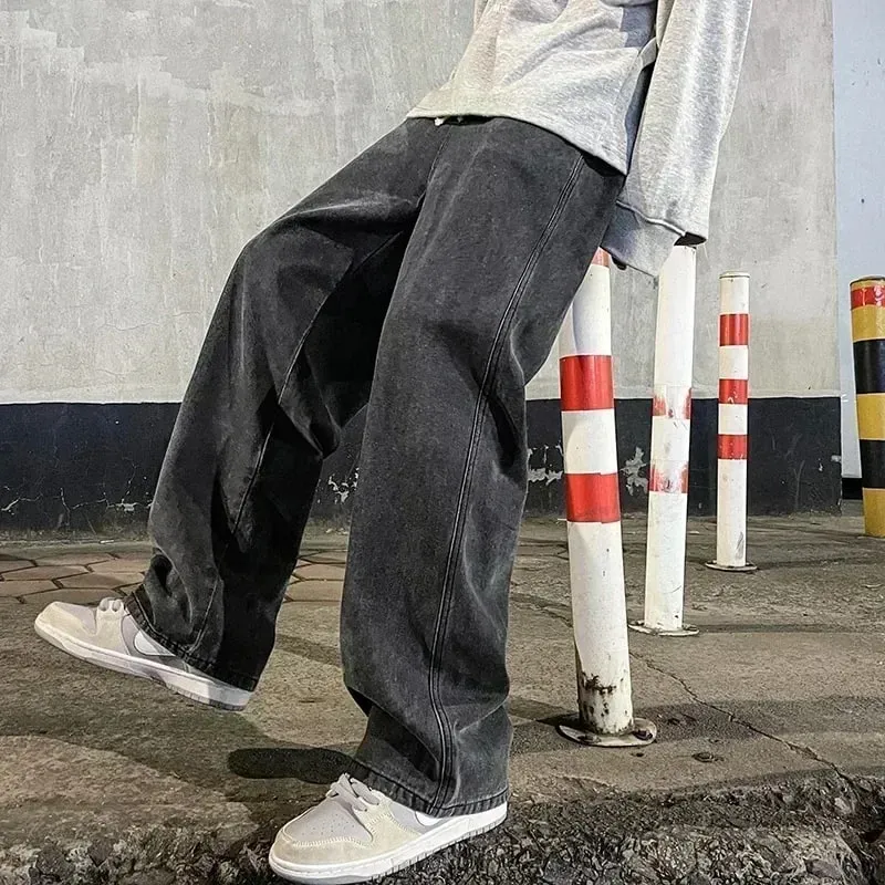 2025 New Korean Men's Casual Long Jeans Classic Man Straight Denim Wide-leg Pants Solid Color Light Blue Grey Black