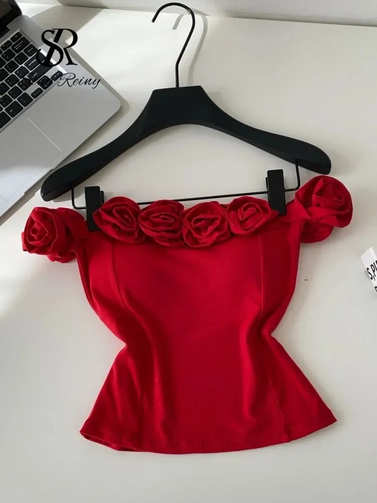 Fashion 3D Floral Solid Crop Top Women Strap Backless Elastic Waist Short Tank Top Korean Holiday Sexy Club Camisole