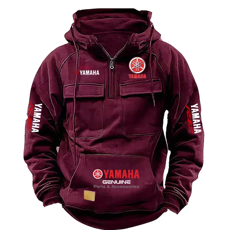 2026 New YAMAHA Logo Motorcycle Racing Race Retro Velvet Half Zipper Hoodie Men's Multi Pocket Autumn/Winter Casual Sweatshirt