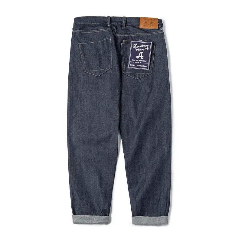 Maden vintage 13.5oz pesado ourela jeans cru masculino ajuste reto calças de algodão casual bolso outono inverno