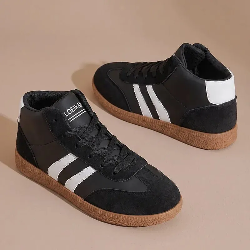 Unisex High Top Retro Sneakers Striped Patchwork Lace‑up Soft Rubber Sole Daily Casual Board Shoes for Men Women