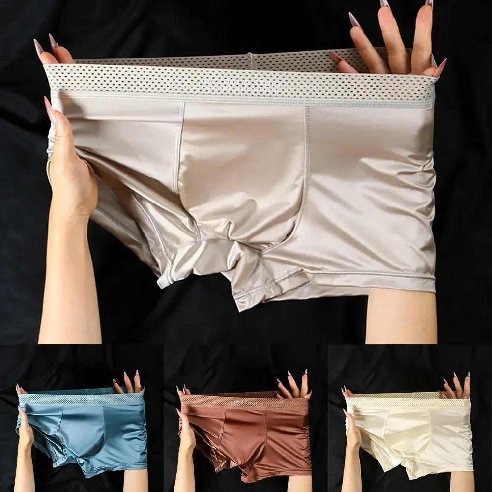 1pc Männer Satin-wie Eis Seide Boxer Glatte Höschen Aushöhlen Bund Unterhose Atmungs Einfarbig Unterwäsche Stamm