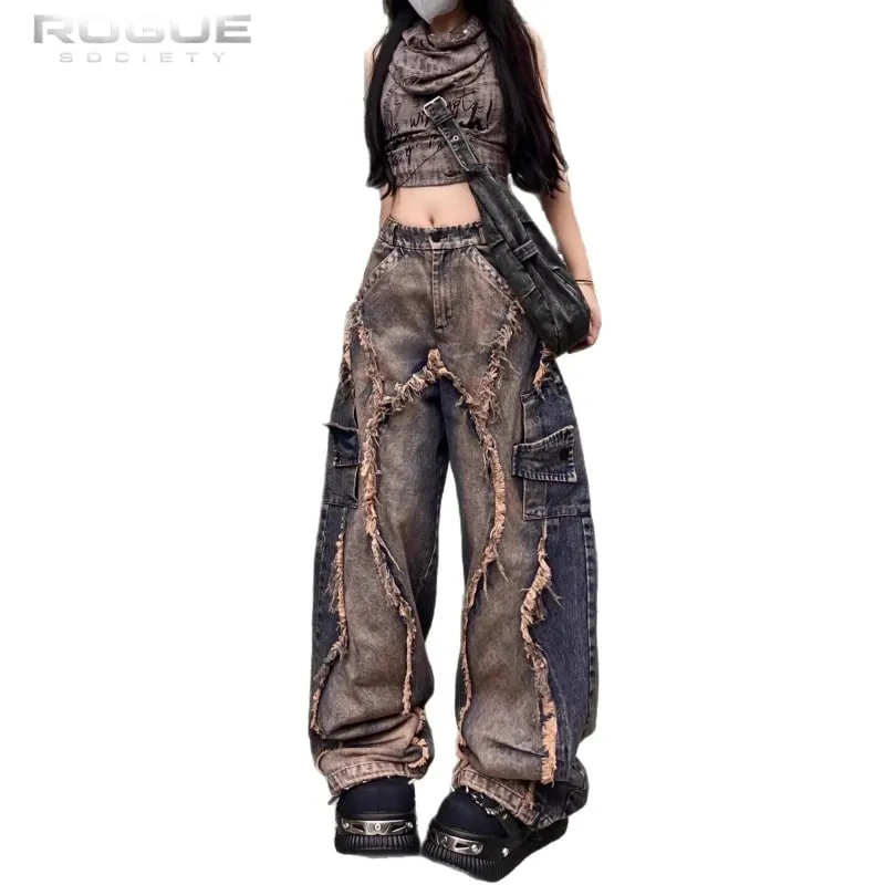 Y2K Grunge Deconstructed Distressed Jeans Unisex Patchwork Washed Wide Leg Denim Pants Hip Hop Streetwear Harajuku Punk Trousers