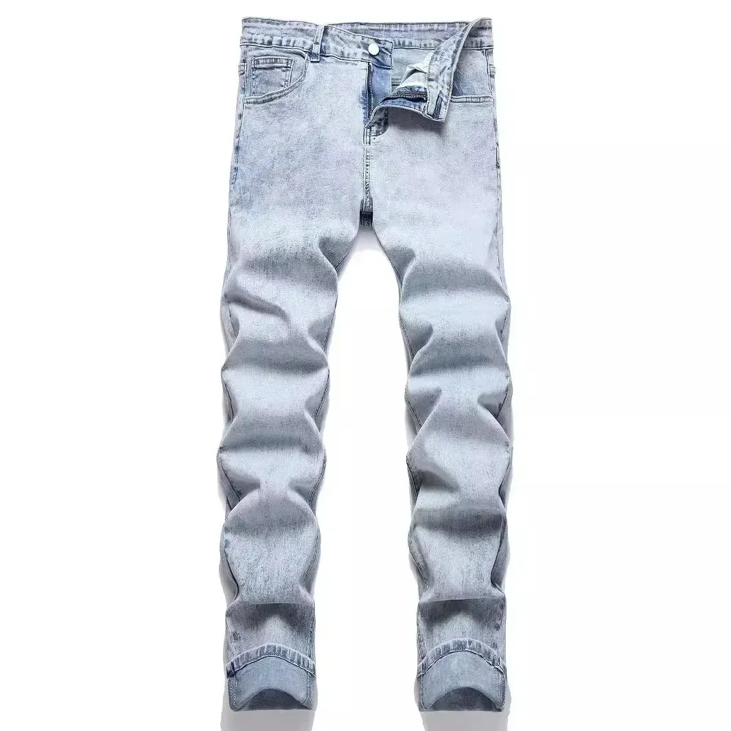 Men Stretch Jeans Pencil Pants Mid Waist Slim Fit Washed Denims Casual Vintage Distressed Basics Denim Ankle Length Trousers