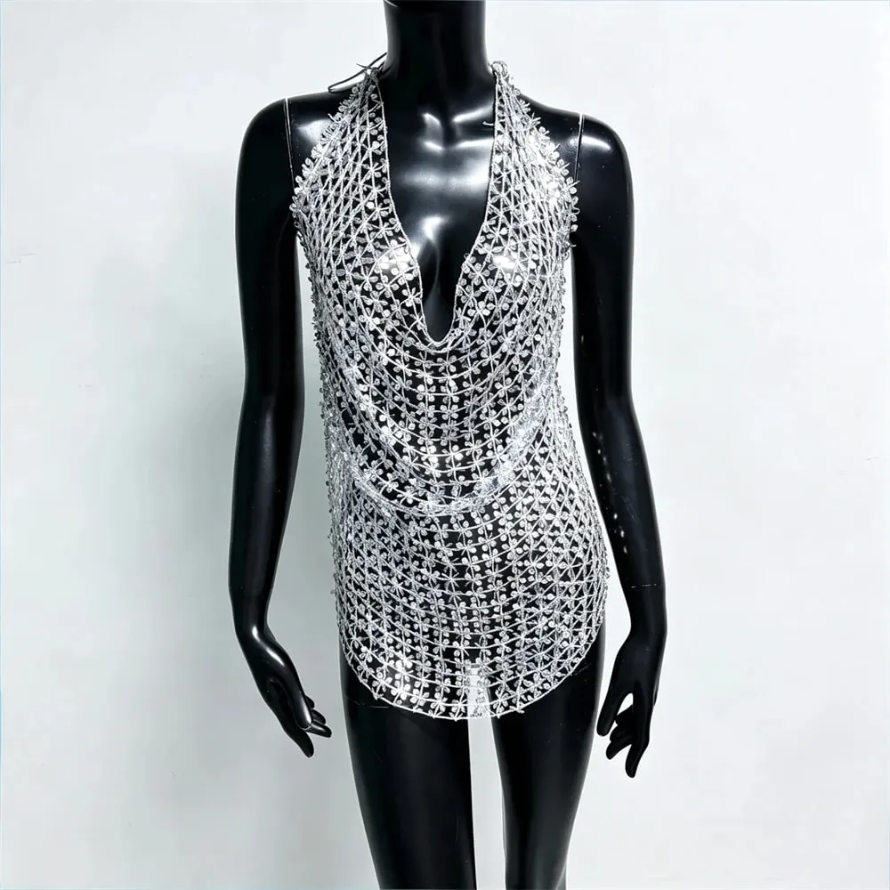 Women Shiny Acrylic Sequins Hollow Tank Top Sexy Deep V Neck Backless Halter Neck See Through Cover Up Camisole Beach Party Tops