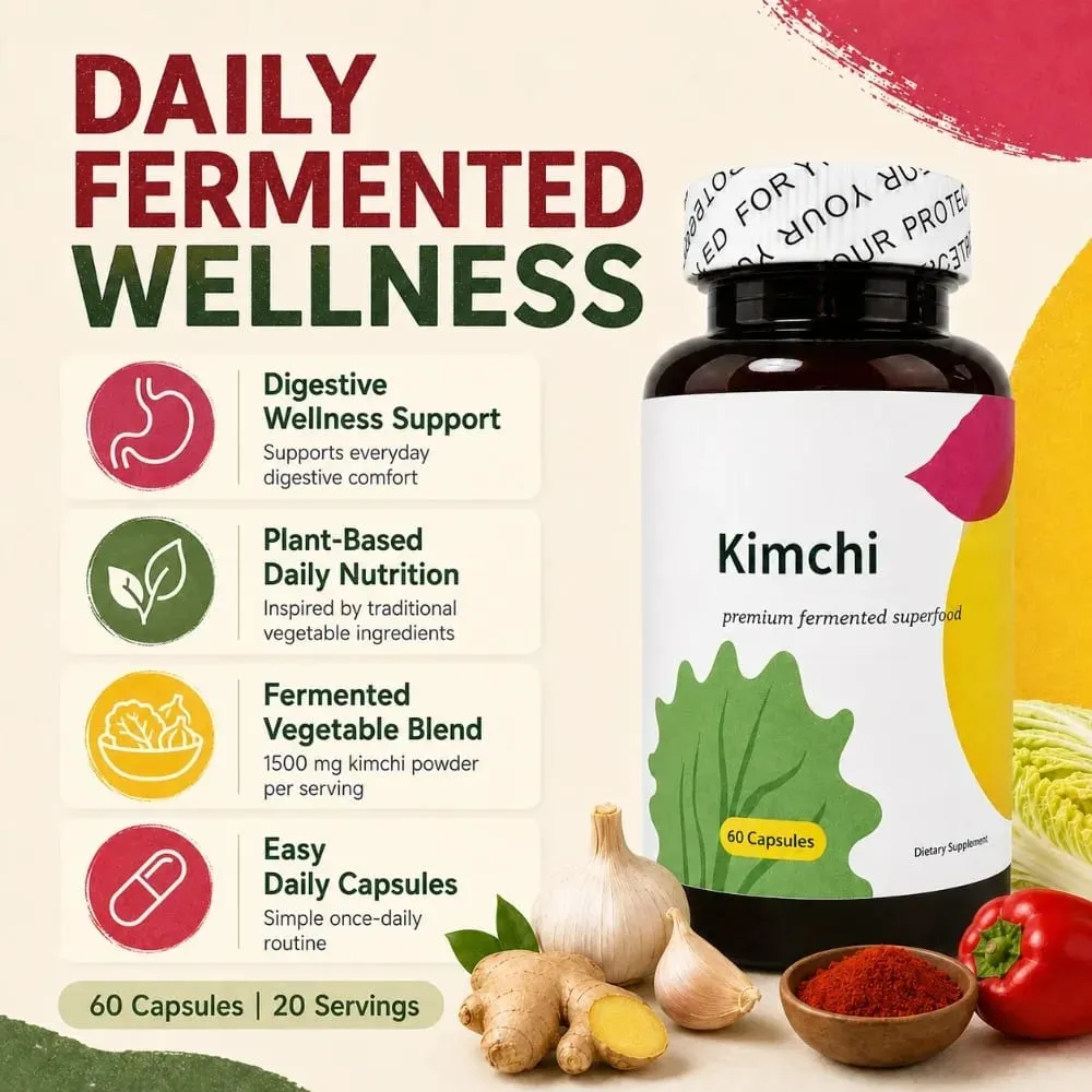 Kimchi Capsules 1500mg Fermented Superfood 60 Caps Gut Health Digestive Support Vegan Non-GMO Cabbage Ginger Dietary Supplement