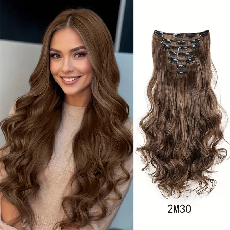 Synthetic 18Inch Long Curly Hair Hairpiece Heat Resistant Hair Extension Clips In Black Brown Blonde for Women