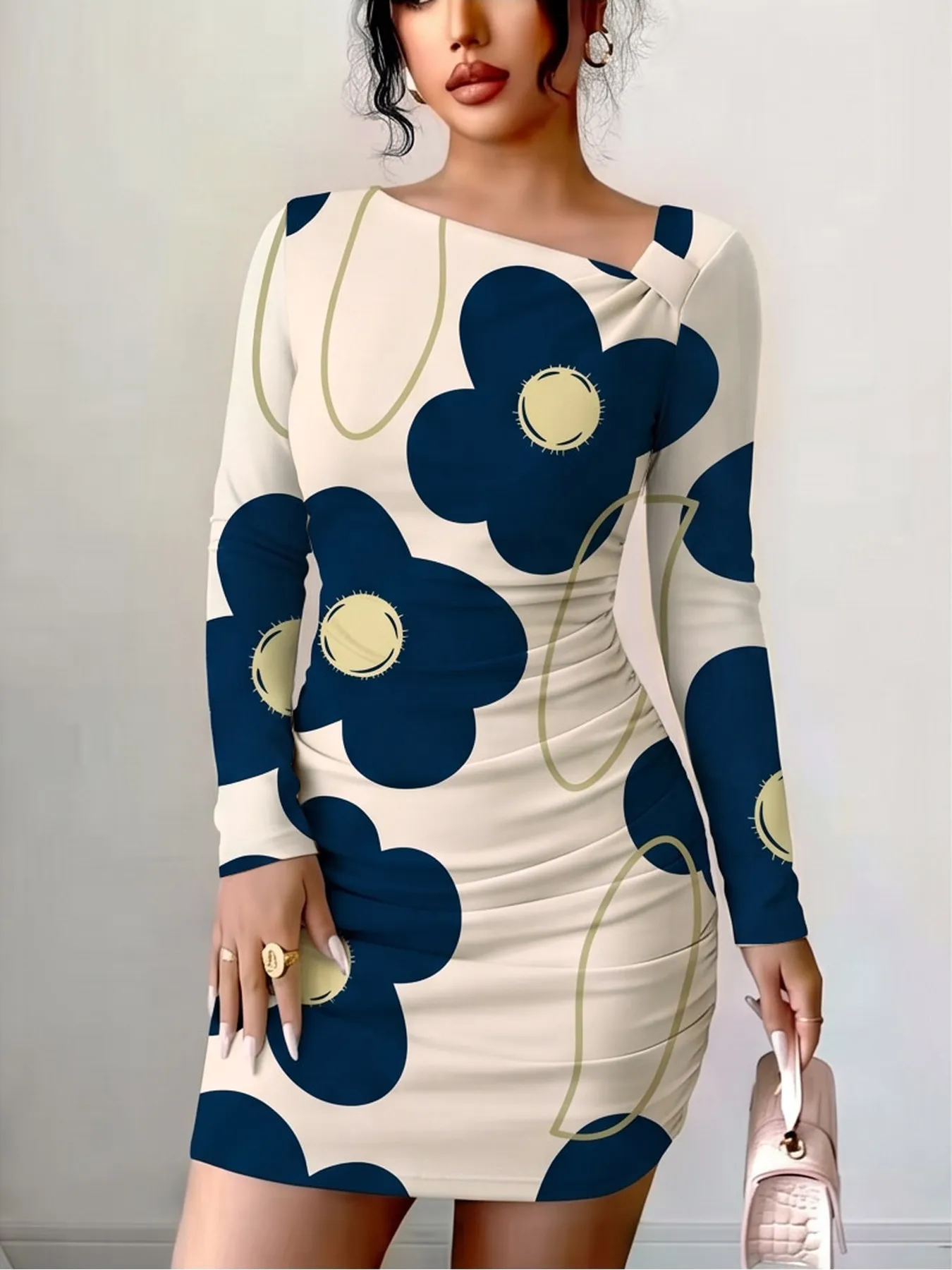 Women's Casual Comfortable Slanted Shoulder Collar Dress with Flower Print Long Sleeves Waist Bag Hip Mini Skirt Length
