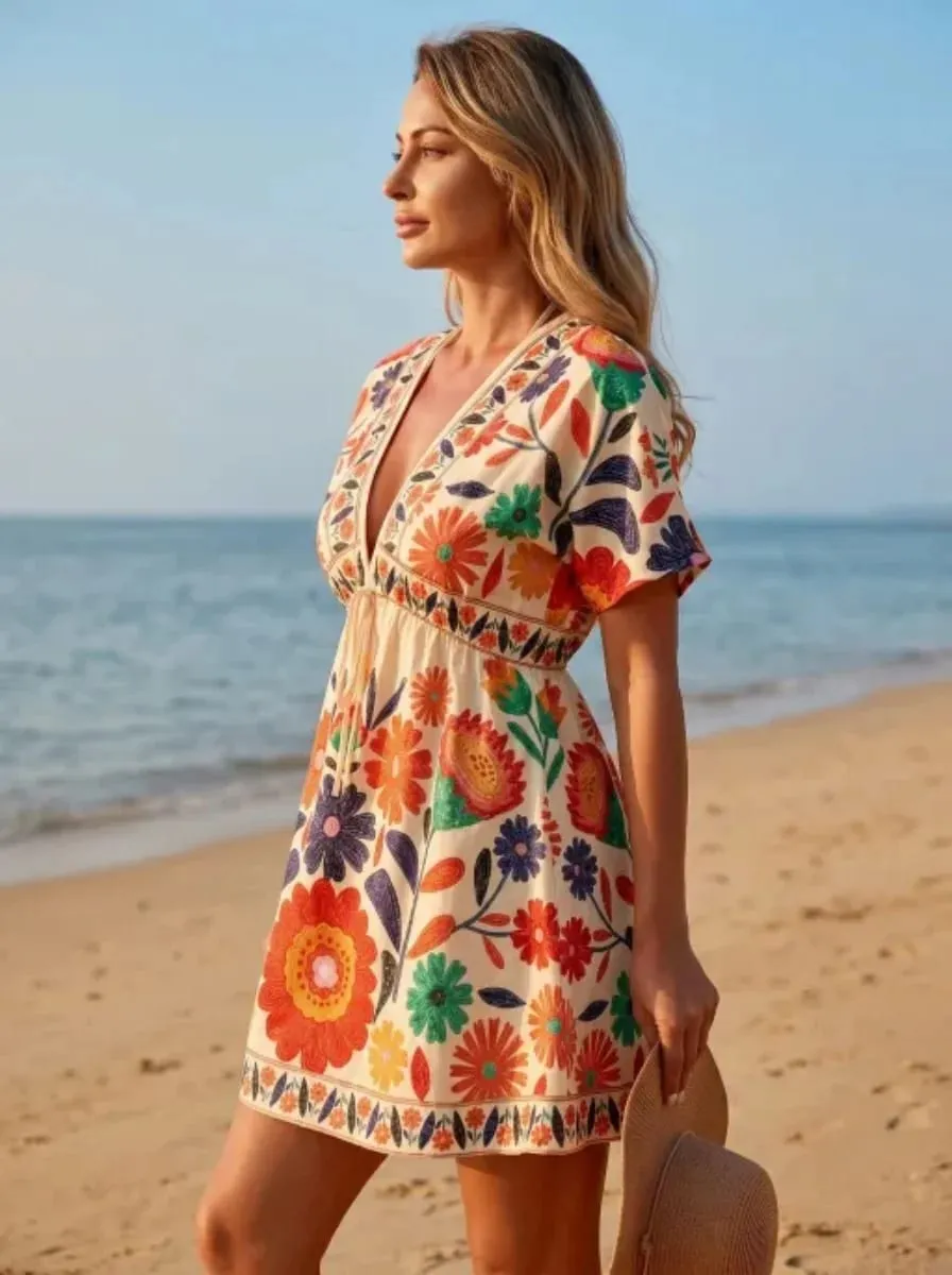 Bohemian Floral Beach Cover-Up Dress V-Neck Short Sleeve Mini Skirt Perfect for Your Next Vacation