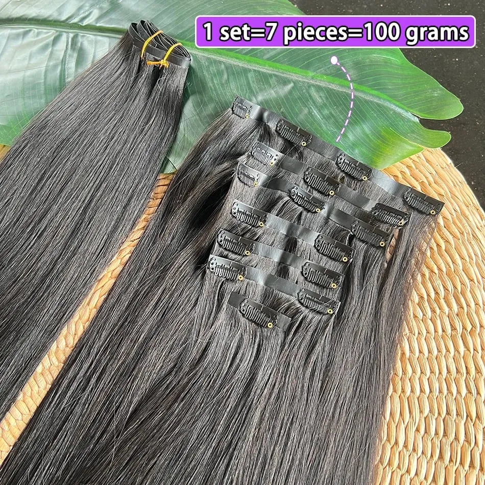 Double Drawn Straight PU Clip Ins Hair Extensions 100% Human Hair Natural Black Color 100g/Set 7pcs Invisible PU Weft Clips Hair