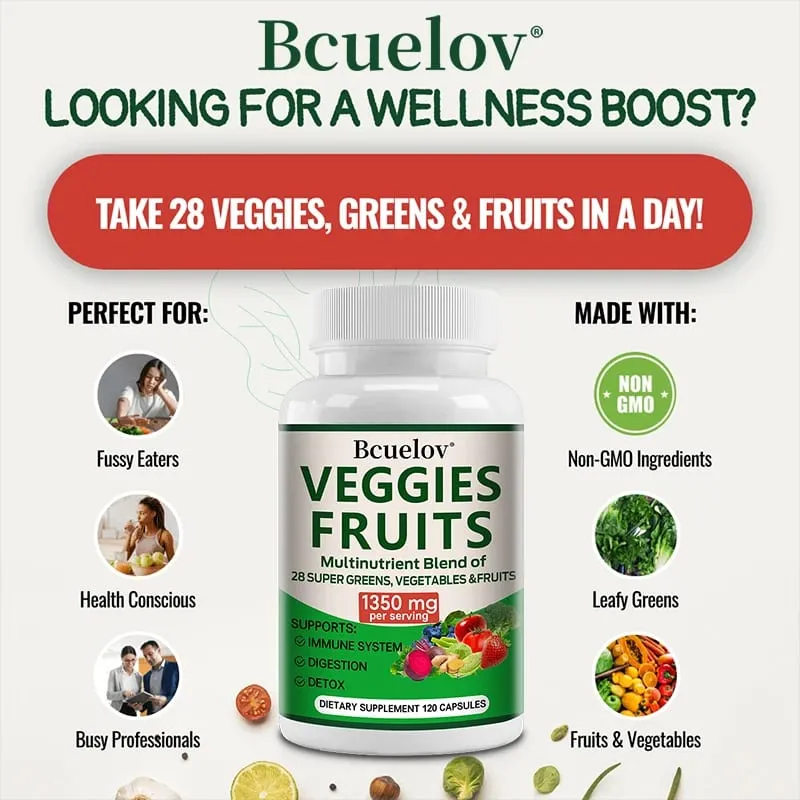 1350mg Fruit and Vegetable Supplement - 28 Complex Nutrients - Boosts Digestion Detoxification and Immune Support