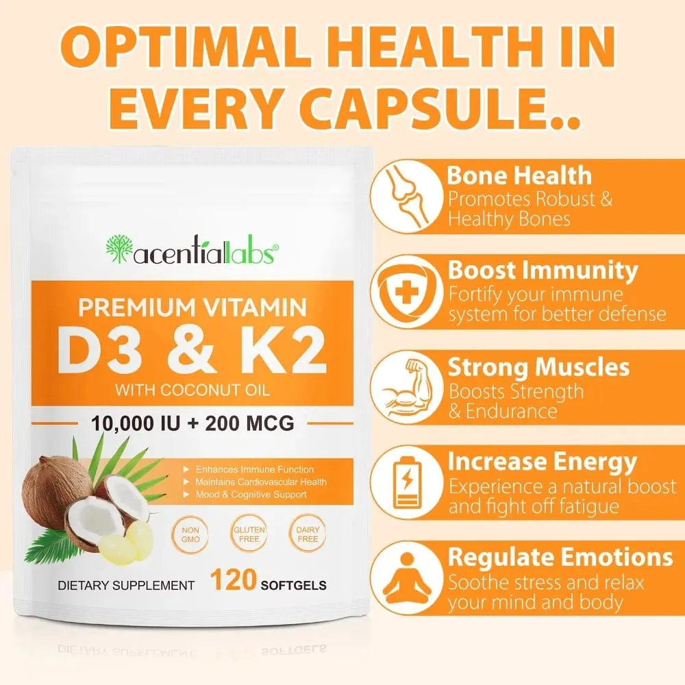 AcentiaLabs Vitamin D3 & K2 Softgels with Coconut Oil Immune Function and Bone Support Gluten Free Non-GMO 120 Softgels
