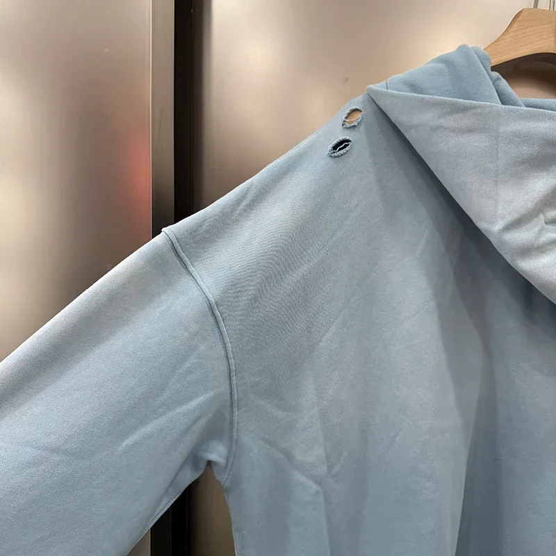 Light Blue PALY Letter Crystal Hoodie Ripped Washed Fashion Patch High Street Casual Men Women 1:1 Zipper Sweatshirts