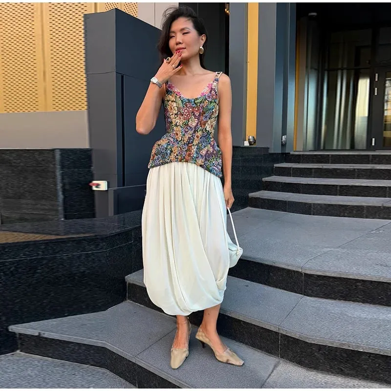 Floral Print Cami Corset Top Thin Straps U Neck Structured Waist Pointed Hem Vintage 2026 Spring Summer Vacation Lady Chic Top