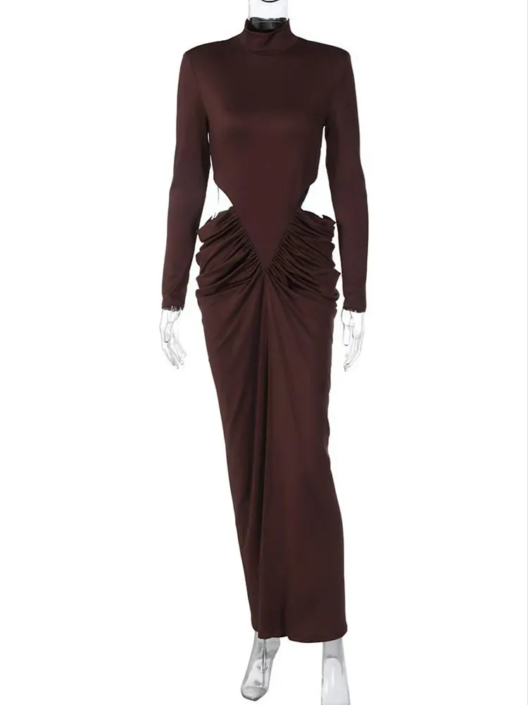 Mozision Turtleneck Long Sleeve Sexy Maxi Dress Women Elegant Autumn Winter Hollow Out Ruched Club Party Long Dresses Female