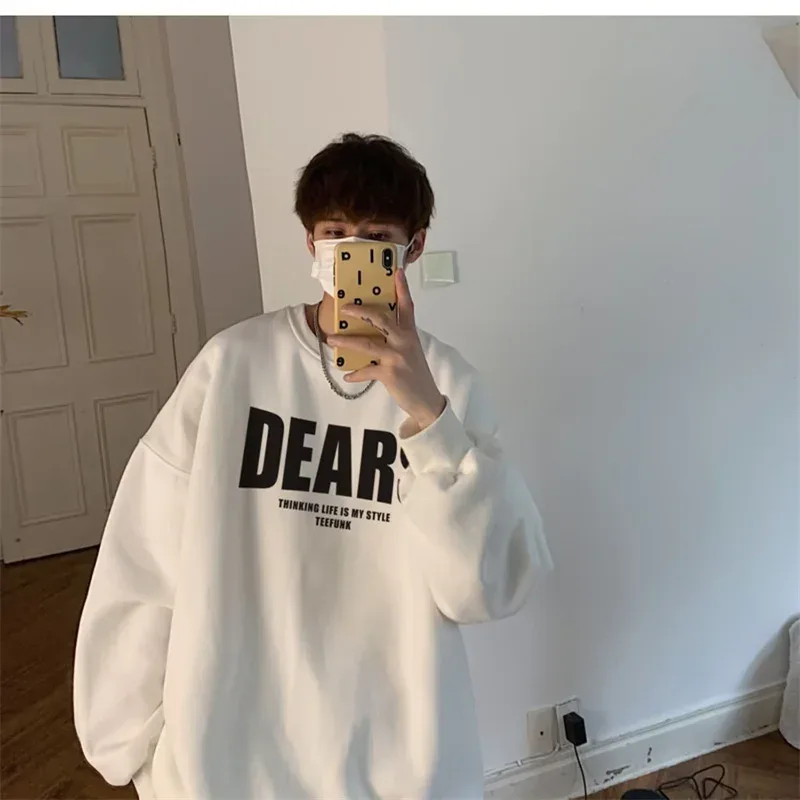 Autumn Men's High Street Letter Print O-Neck Hoodies 2026 Casual Fashion Graphic Long Sleeve Tops Y2K Youthful Basic Sweatshirts