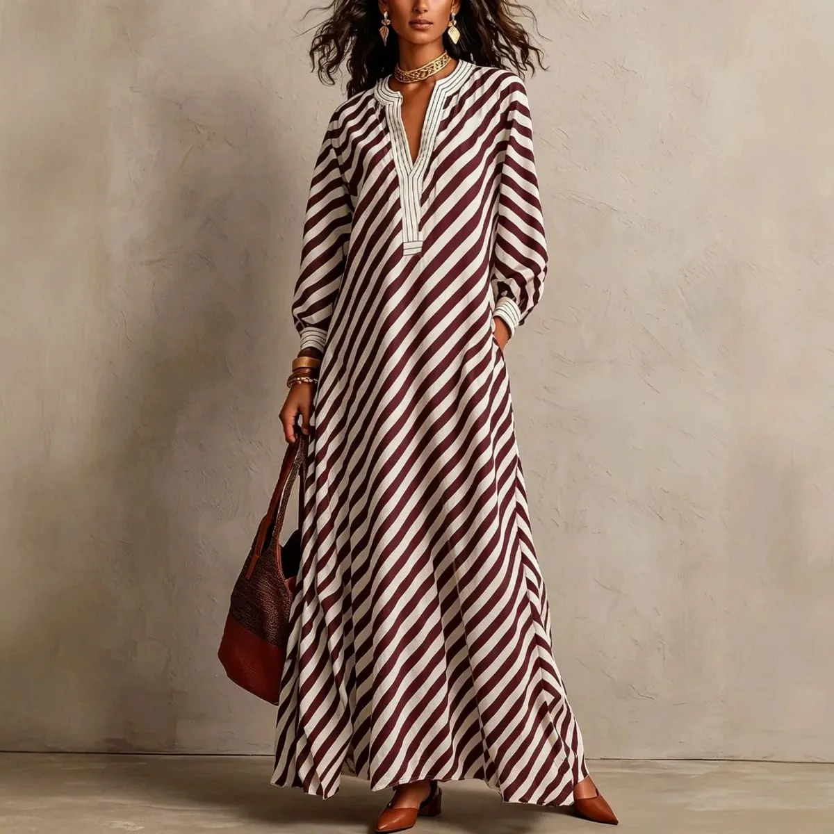 Fashion Stripe Print Maxi Dress 2026 Autumn Winter Women V‑Neck Long Sleeve Loose Casual Long Dresses Holiday Beach Boho Dress