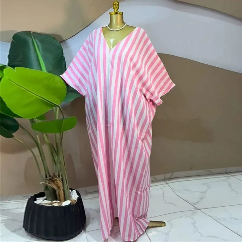 2026 Fall Holiday Half Sleeve Striped Print V-Neck Loose Long Dress Street Africa Women Party Vestidos Dresses Vestidos
