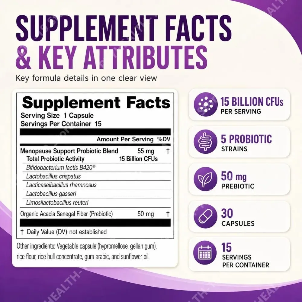 Menopause Total Support Probiotic Capsules 15 Billion CFU 5 Strains Prebiotic For Digestive Microbiome Wellness Adult 30 Count