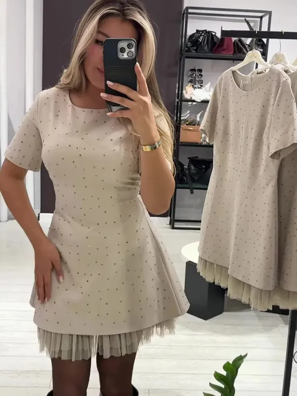 Elegant Casual Dress Spring Summer New Style Hot Rhinestone Hem Mesh Solid Fashion Dress For Women Short Sleeve Holiday Dress