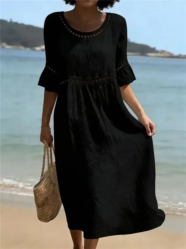 Summer Loose Beach Holiday Long Dress Women Casual Hollow Out Half Sleeve Vacation Sundress Boho Solid Color A-Line Maxi Dresses