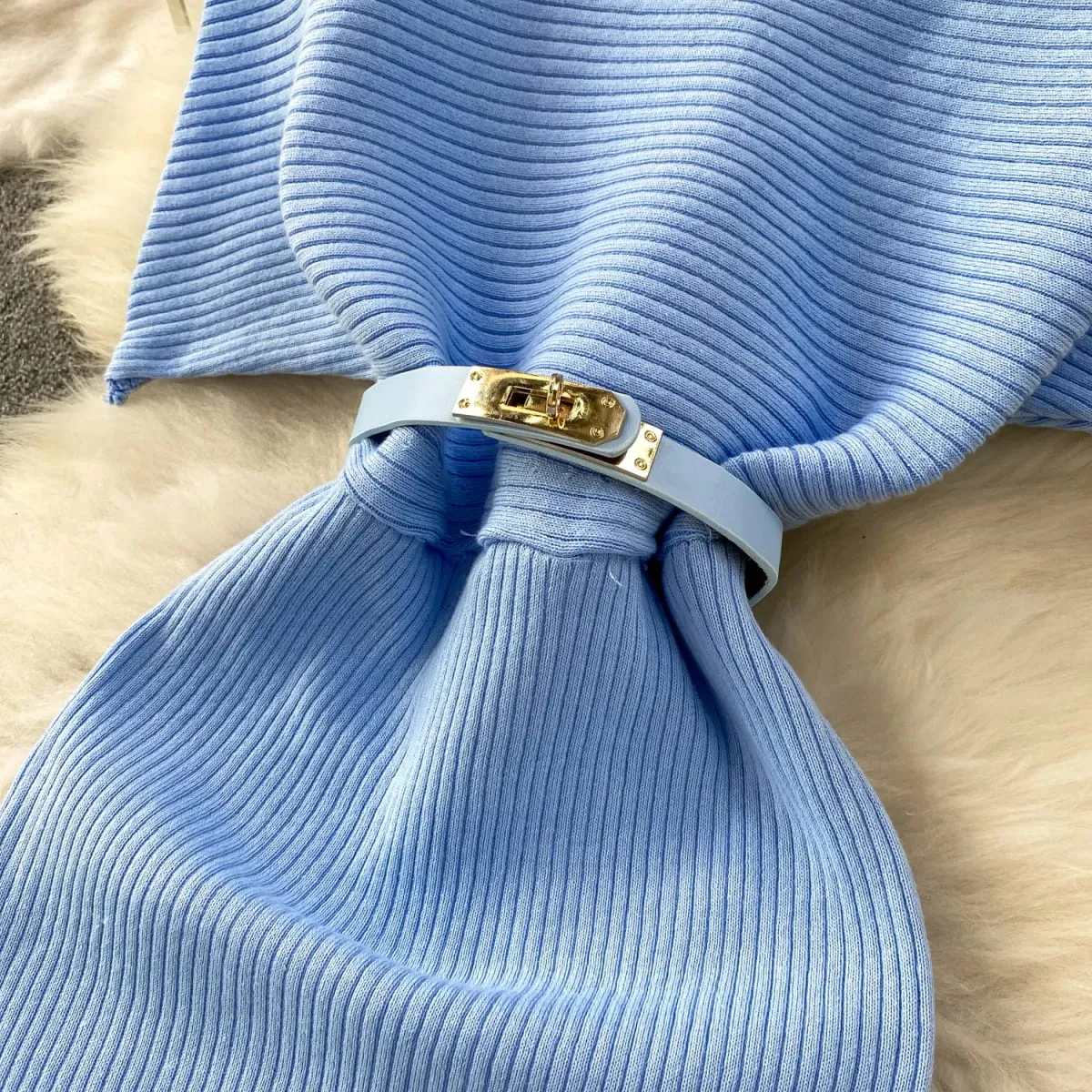 Summer Women Slash Neck Sundress Asymmetry Batwing Sleeve Knitted Dress High Waist Bodycon Solid Color Slit Dress Outfits