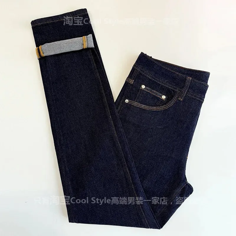 Light luxury trend high-end jeans men's slim fit small feet versatile elastic original color denim long pants