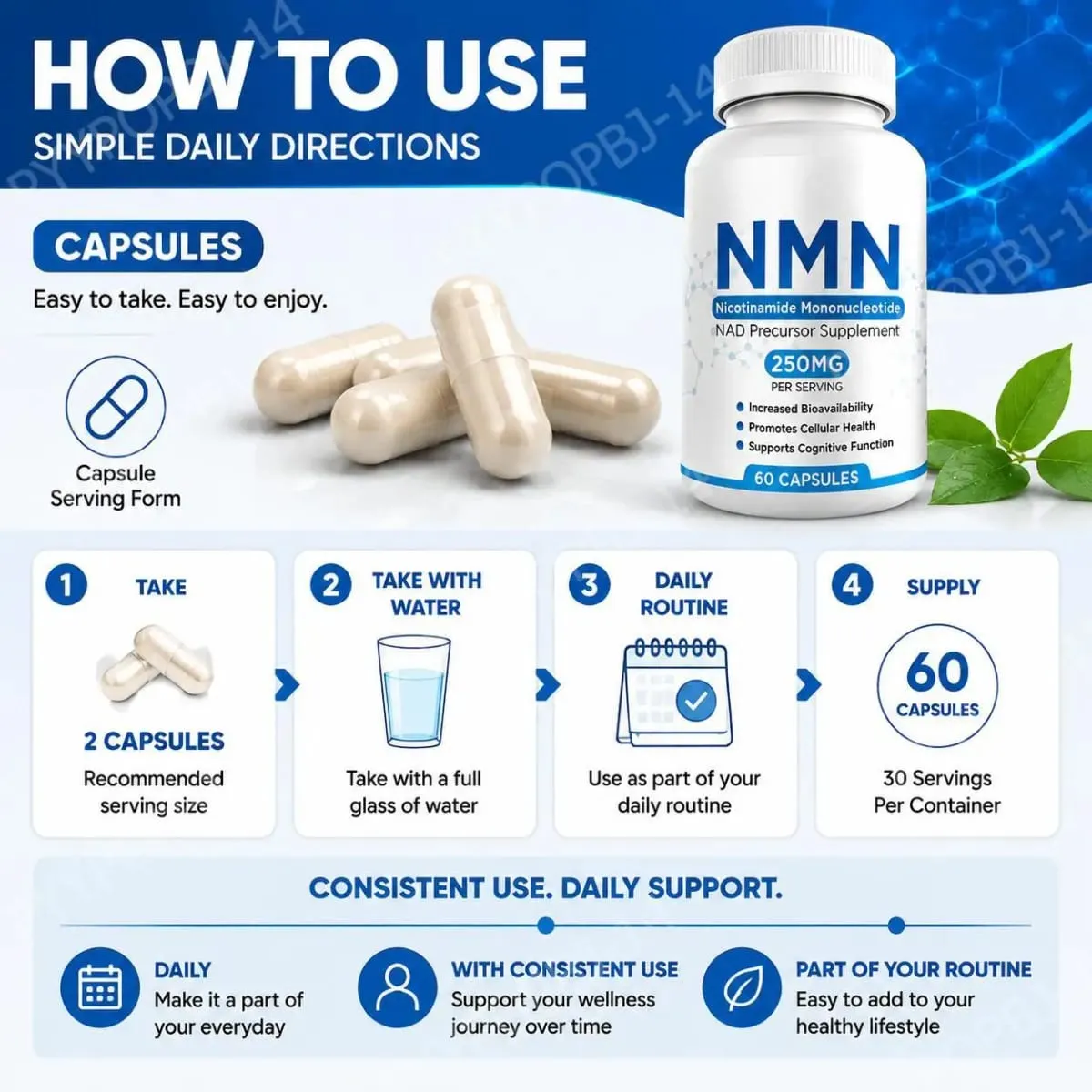 NMN Nicotinamide Mononucleotide Capsules 250 Mg Bawat Paghahatid ng Tumaas na Bioavailability Nagtataguyod ng Cellular Health ng 60 Capsules — image 7