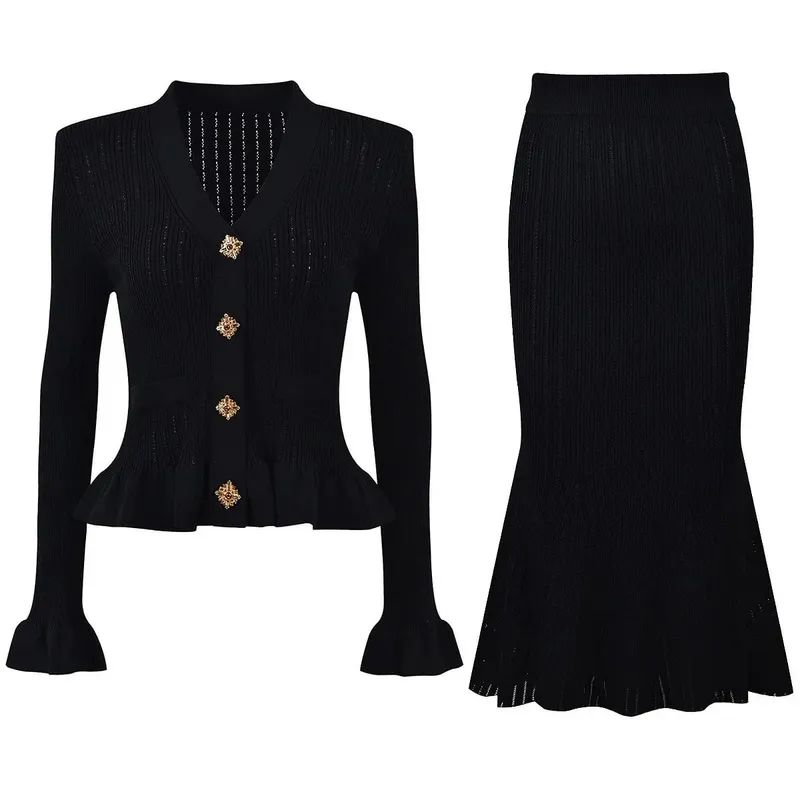 High Quality Fashionable Knitted V-Neck Slim Fit Long Sleeve Dress Set Elegant Ankle-length Sleeve Design Regular Waistline