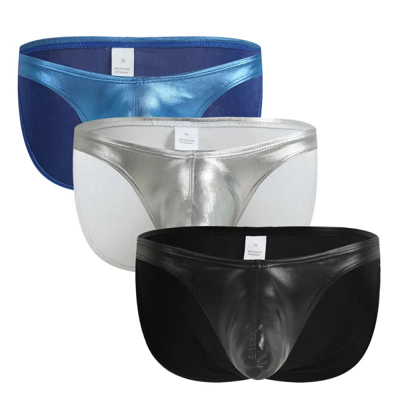 Men's Fashion Low Waist Imitation Leather Briefs with U Convex Pouch Sexy Underwear Lingerie 3PCS/2PCS/1PC Set