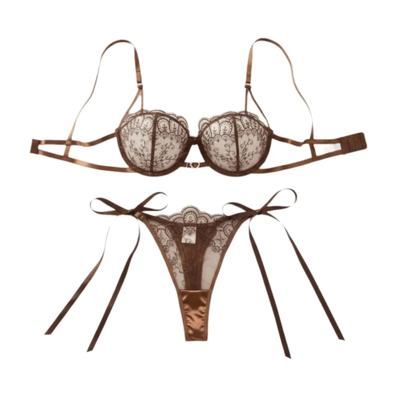 Bohemia Floral Embroidery Lace Lingerie Set Lace-up Mesh Transparent Thong Bra Suit Ultra-thin Hollowed-out Underwear Sets Lady