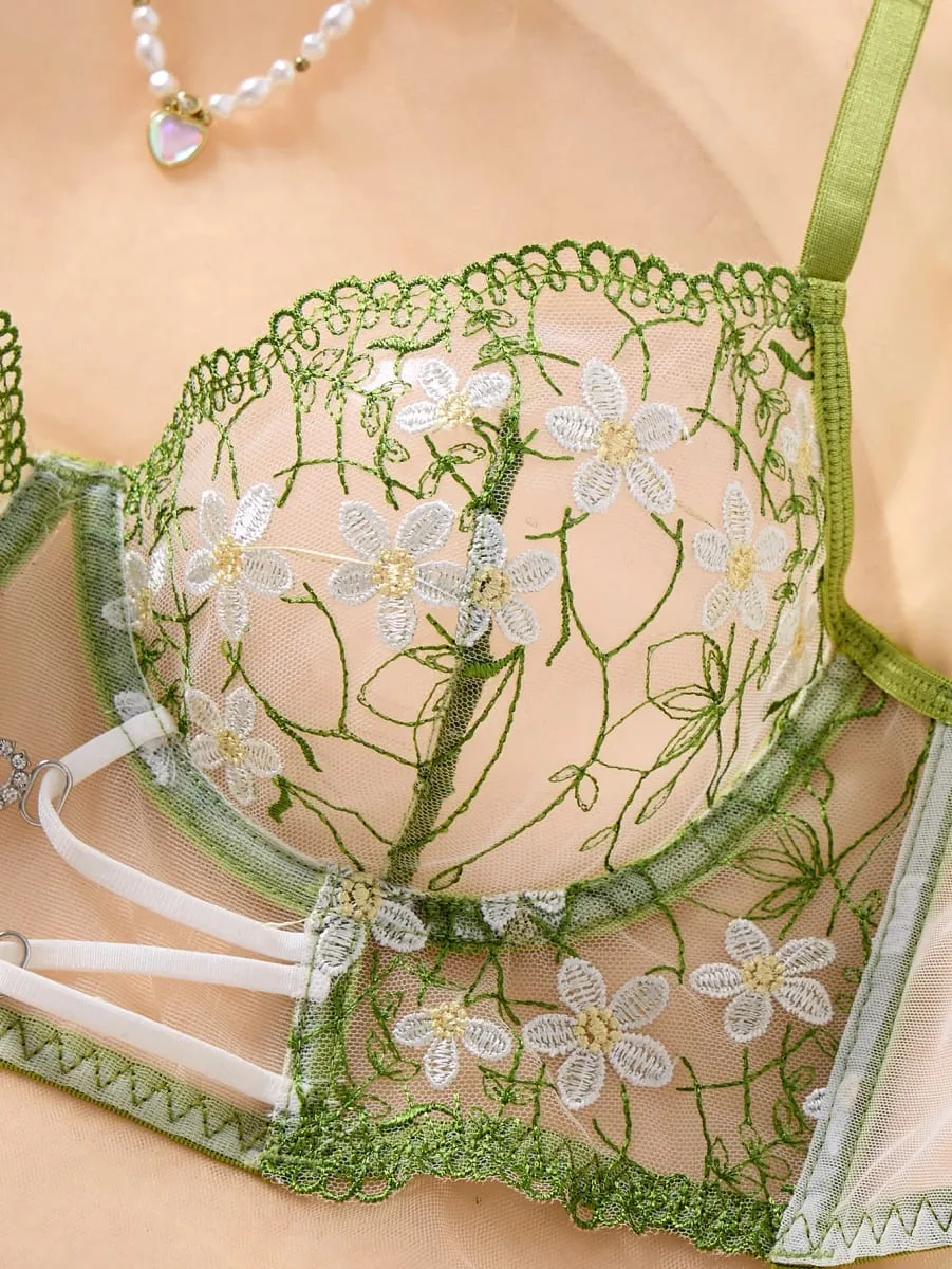 Green Daisy Floral Embroidery Sheer Mesh Lingerie Set Women Heart Rhinestone Cut Out Underwire Bra Matching Panty Intimates